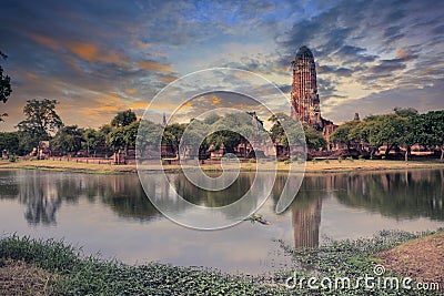 Land scape of ancient and old pagoda in history temple of Ayuth Stock Photo