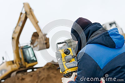 Land surveying with theodolite Stock Photo