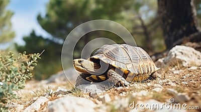 The Land turtle in its natural environment. A wild animal of Greece Hermanns tortoise. Generative AI Stock Photo