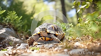 The Land turtle in its natural environment. A wild animal of Greece Hermanns tortoise. Generative AI Stock Photo