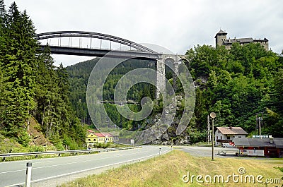 Austria, Tirol, Trisanna Bridge and Castle Editorial Stock Photo