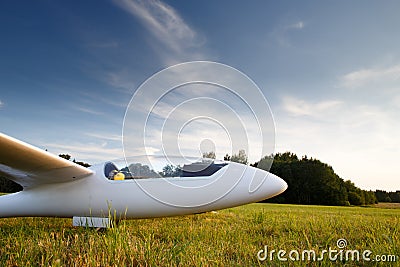 Landed sailplane on ground Stock Photo