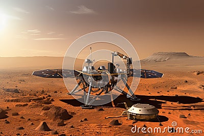 lander on the surface of mars, with view of blue sky and red planet visible in the background Stock Photo