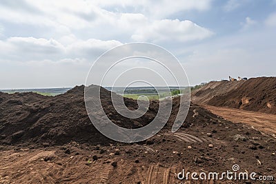 landfill being covered with topsoil and seeded to enable natural regeneration Stock Photo