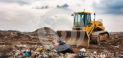 landfill bulldozer working at trash dump. banner with copy space Stock Photo