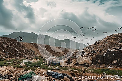 landfill with mountains of garbage and clouds of flies Stock Photo