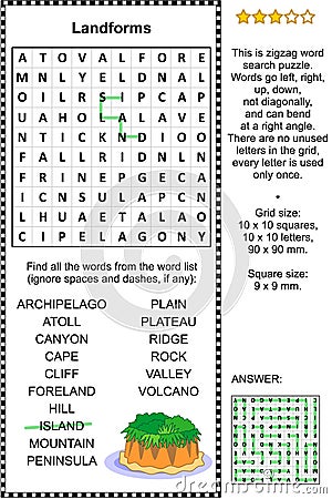 Landforms word search puzzle Vector Illustration