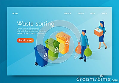 Landing Banner Waste Sorting Responsible Society. Vector Illustration