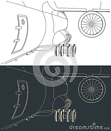 Landing gear and turbofan engine of heavy cargo aircraft Vector Illustration