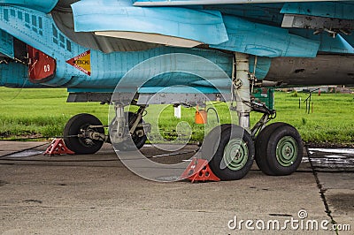 Landing gears and other detailes of military fighter bomber planes Su-34 Editorial Stock Photo