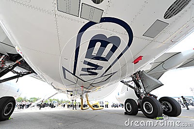 Landing gears and underside of Airbus A350-900 XWB at Singapore Airshow Editorial Stock Photo