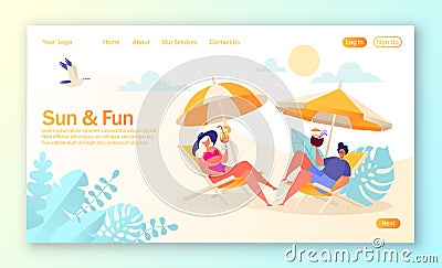 Concept of landing page on summer vacation theme. Outdoor activity and rest on the beach. Vector Illustration