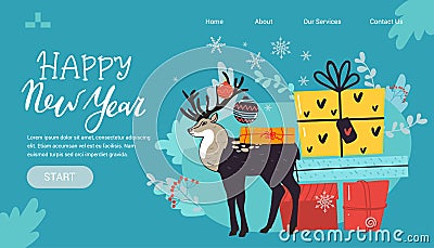 Landing page banner with Christmas pattern, lettering deer presents and snowflakes. Tree decoration. Happy New Year blue Stock Photo