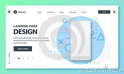 Landing page banner template. Smartphone realistic 3d illustration, mobile interface concept. Vector layout design Vector Illustration