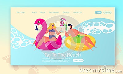 Concept of landing page on summer holiday, vacation theme. ÐÐ°Ñ€pÑƒ characters resting in circles for swimming on the beach. Vector Illustration