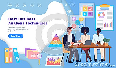 Best business analysis techniques website template. People work with statistics and data analytics Vector Illustration