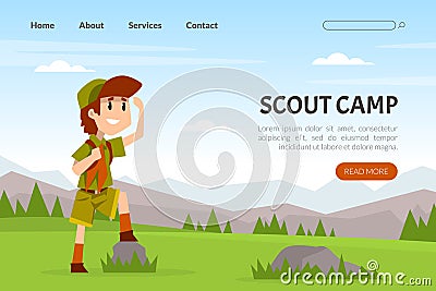 Landing Page with Boy Scout Cartoon Character in Khaki Costume Looking Ahead Vector Illustration Vector Illustration