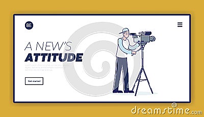 Landing page with cameraman shooting reportage using professional camera on tripod Vector Illustration