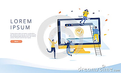 Landing Page with Cartoon Business Team Discuss Project or Report Standing near Huge Computer Monitor. Teamwork Vector Illustration