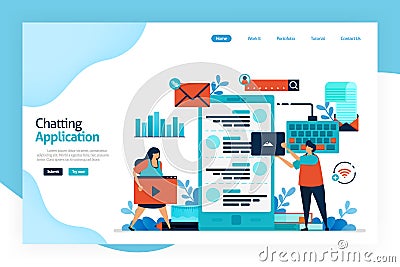 Landing page of chatting application. Social messaging apps. social networking platforms for status updates, chatbots, discuss, ta Vector Illustration