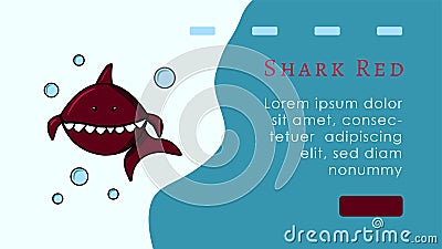 Landing page concept. Red shark cartoon character. Logo fish and bubbles. Mascot. Web site or banner layout. Blue background. Vector Illustration