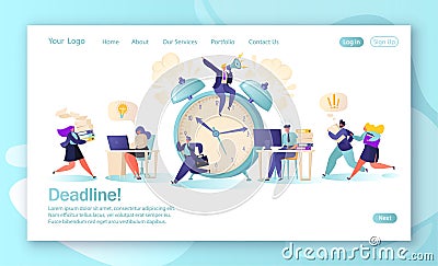 Concept of landing page with office workers and business people working overtime at Deadline. Vector Illustration