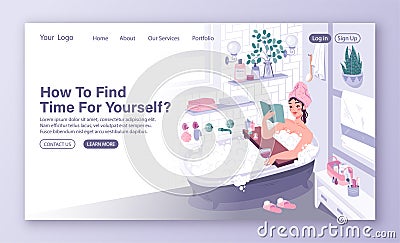 Personal hygiene, time for self concept for landing page with girl taking a bath and reading books. Vector Illustration