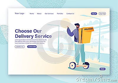 Concept of landing page on delivery service theme and use of alternative transport. Vector Illustration