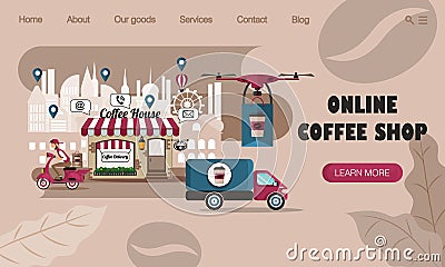 Landing page design. The concept of online coffee shop with coffee delivery service and online ordering system Vector Illustration