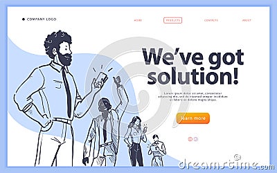 Landing page design template, ui, mobile app. Business solution, creative team work, partnership, recruitment concept. Vector Illustration