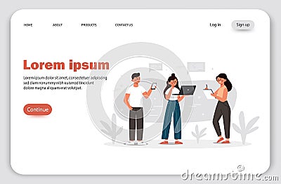 Landing page, Digital device users spending time together. People with a computer, tablet, and smartphone. Vector Vector Illustration