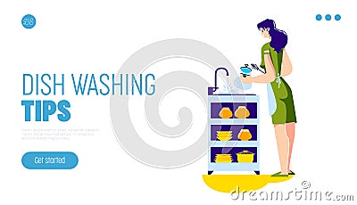 Landing page with dish washing tips concept. Web banner with housewife cleaning plated and utensils Vector Illustration