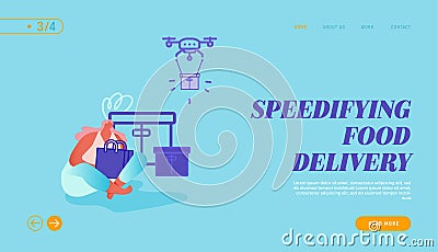 Landing Page of Drone Transporting Package for Online Shopping and People Characters. Drone Delivery Vector Illustration