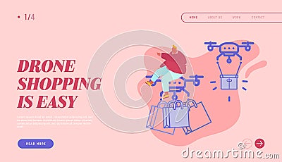 Landing Page of Drone Transporting Package for Online Shopping and People Characters. Drone Delivery Vector Illustration