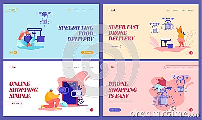 Landing Page of Drone Transporting Package for Online Shopping and People Characters. Drone Delivery, Commercial Vector Illustration