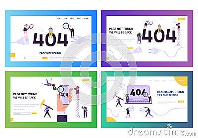 404 Landing Page Error Set. Broken Unplug Socket Sign for Under Construction Service Layout. Character Warning Web Page Vector Illustration