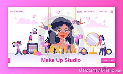 Concept of landing page on beauty salon, service industry, makeup studio theme. Vector Illustration