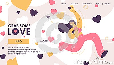 Landing page for girl scatters likes and hearts. Concept banner for popular blog and vlog web site Stock Photo