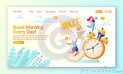Concept of landing page on daily morning life and routine theme. Morning wake up alarm and happy, people characters rejoice at the Vector Illustration