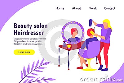 Landing page of hairdresser salon. Female master make fashionable hairstyle to young woman. Site template Vector Illustration
