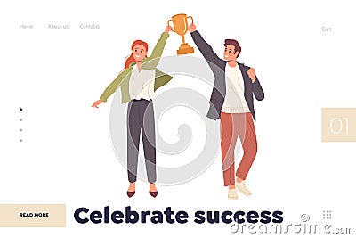 Landing page with happy team of businessman and businesswoman celebrate success and victory Vector Illustration