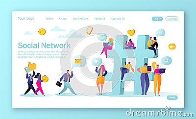 Landing page design on social media network theme. People gathered near a big symbol hashtag. Vector Illustration