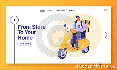 Landing page concept with flat cartoon character riding on yellow motorcycle. Vector Illustration