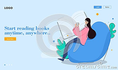 Landing Page or Hero Banner Design with Illustration of Young Girl Reading Book Anytime, Anywhere on Bean Bag Stock Photo