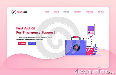 Landing page illustration template of first aid kit for emergency support. Infusion for emergency departments. Health themes. Can Vector Illustration