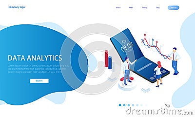 Landing page with Isometric Business and Finance Analysts, Analyzing Key Performance Indicators, Business Data Analyst Vector Illustration
