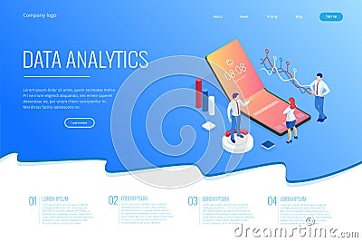 Landing page with Isometric Business and Finance Analysts, Analyzing Key Performance Indicators, Business Data Analyst Vector Illustration