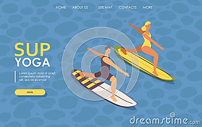 Landing page isometric guy and girl doing sup yoga on surfboard. 3d concept illustration Cartoon Illustration