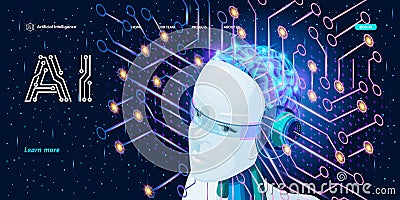 Landing page Isometric. Header of the Artificial Intelligence website. Female robot with built-in artificial Vector Illustration