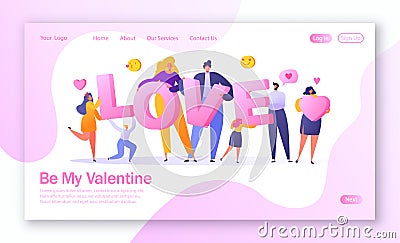 Concept of landing page on love story theme. Happy flat people character holding large letters LOVE. Vector Illustration